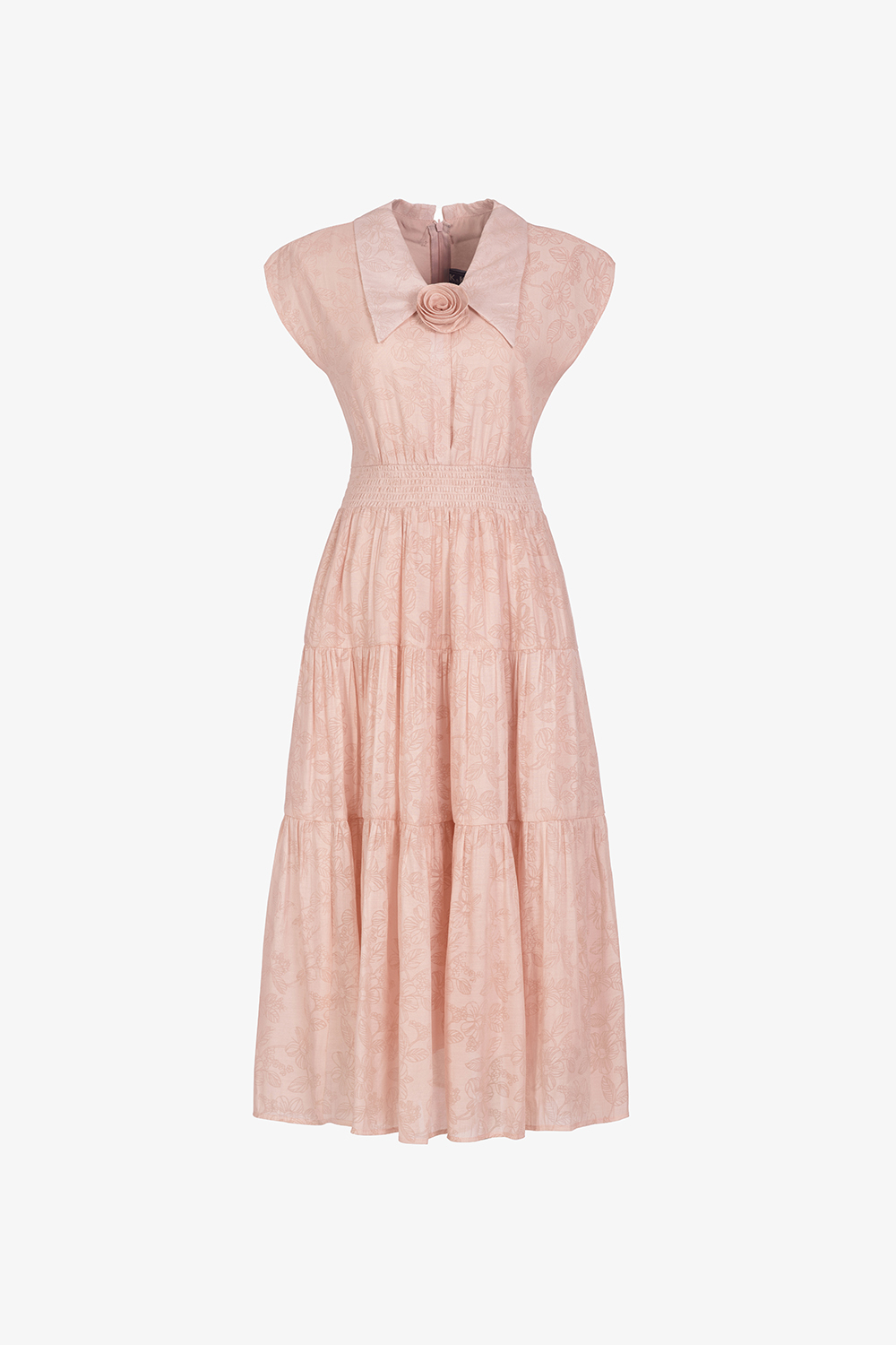 Đầm hồng xòe dài cổ sơ mi đính hoa