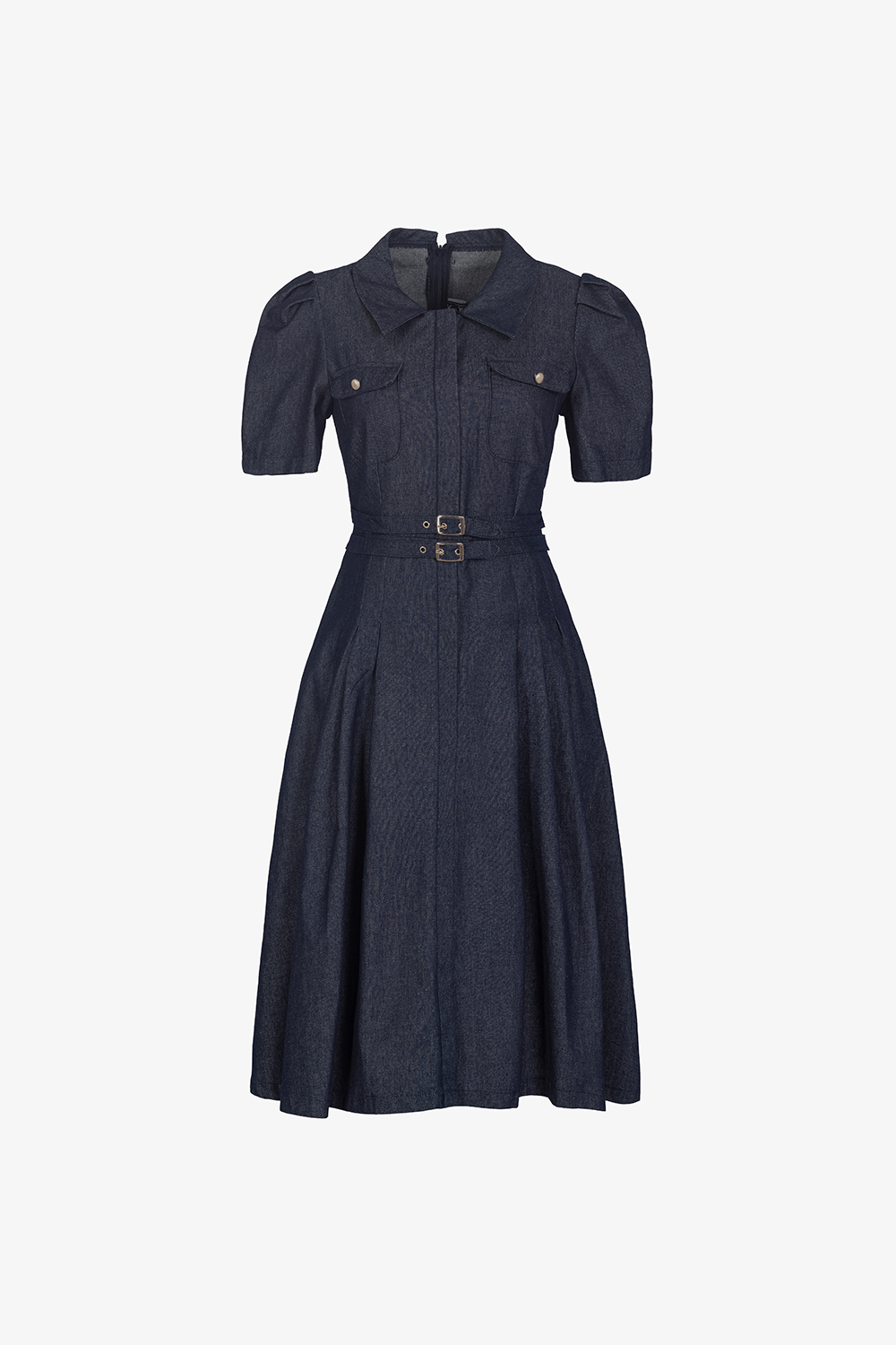 Đầm denim dáng xòe nhấn eo