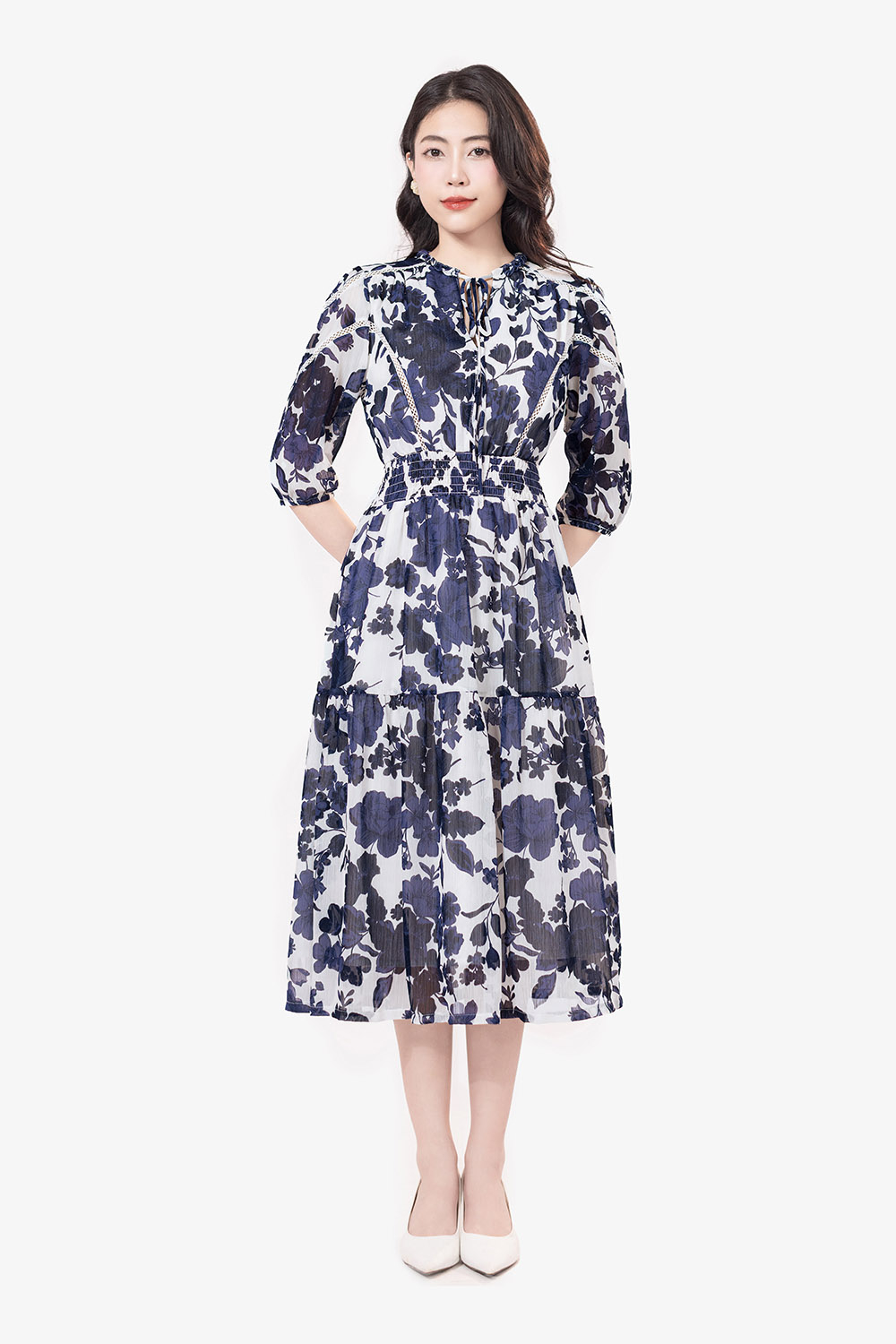 Đầm họa tiết dáng xòe đuôi cá tay lỡ