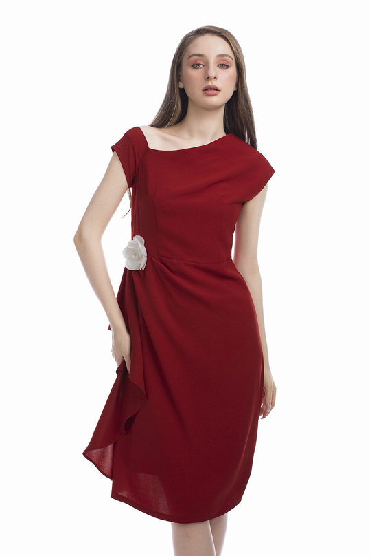 Đầm chữ A lệch vai phối hoa HL12-11