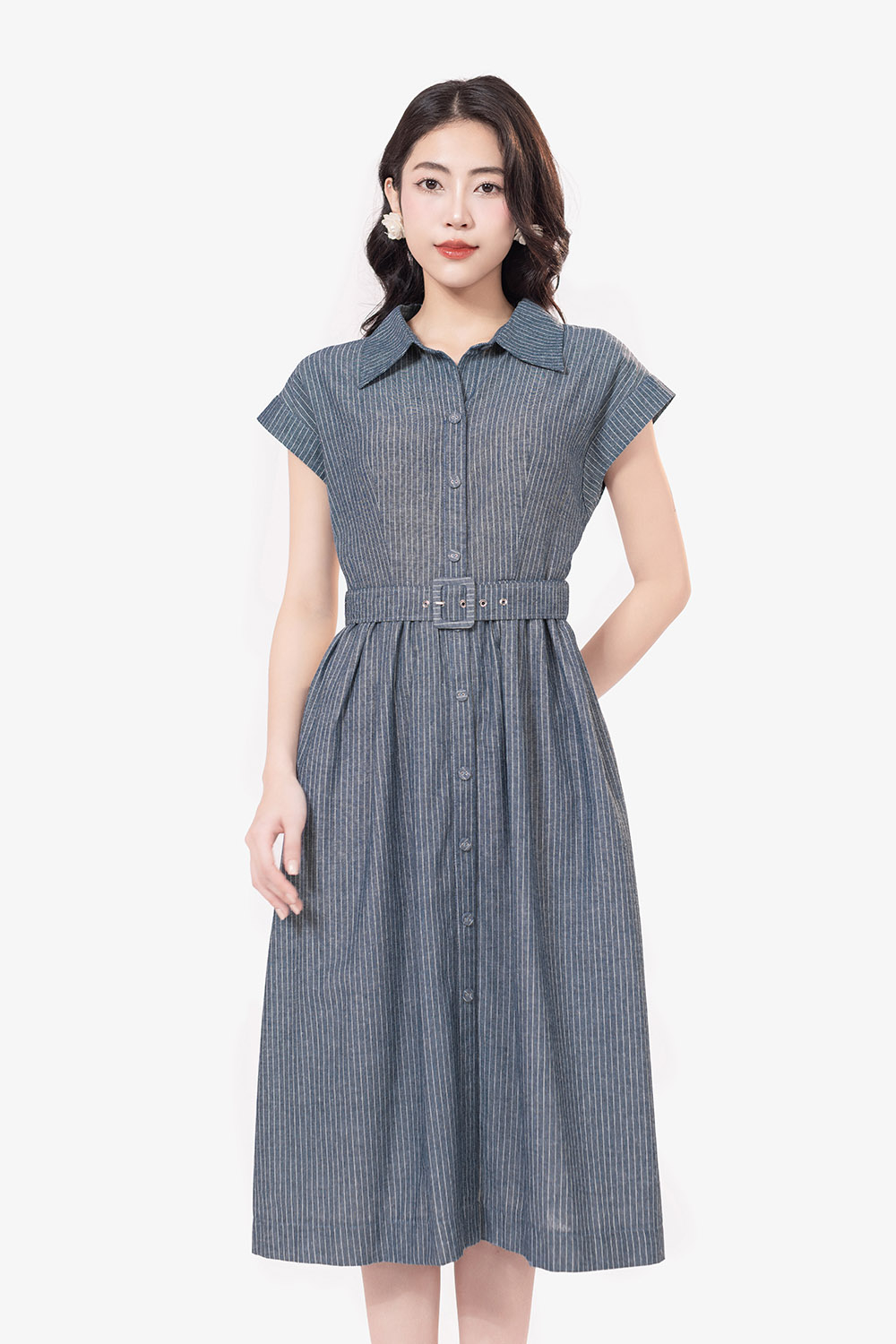 Đầm sơ mi xanh dáng xòe họa tiết kẻ sọc