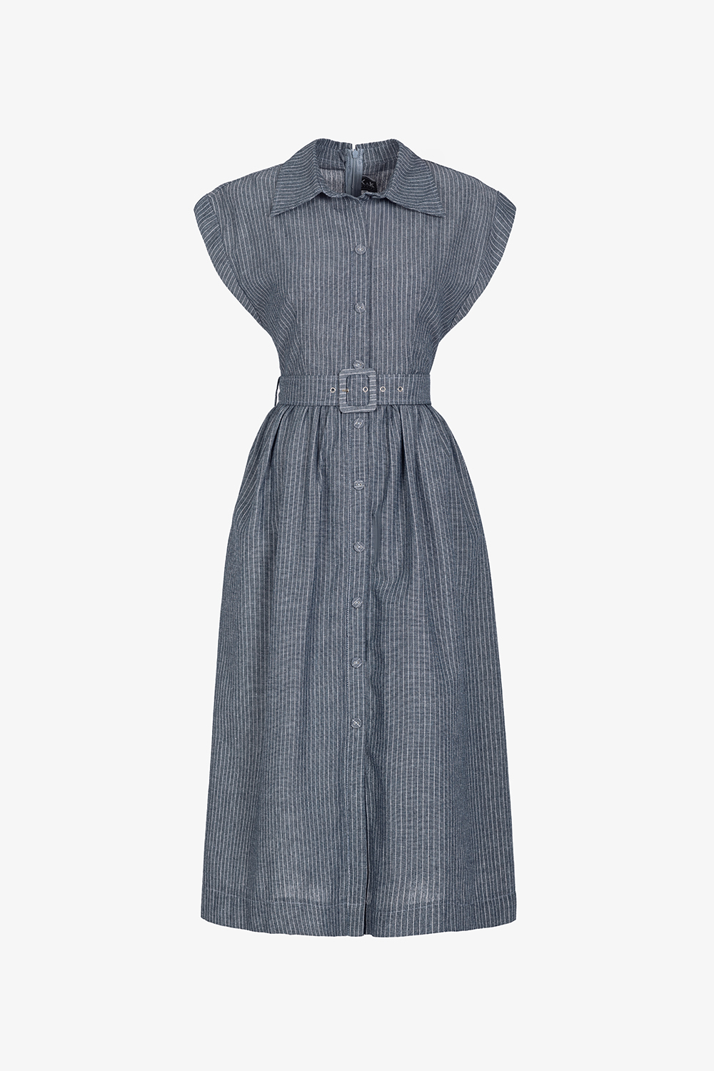 Đầm sơ mi xanh dáng xòe họa tiết kẻ sọc