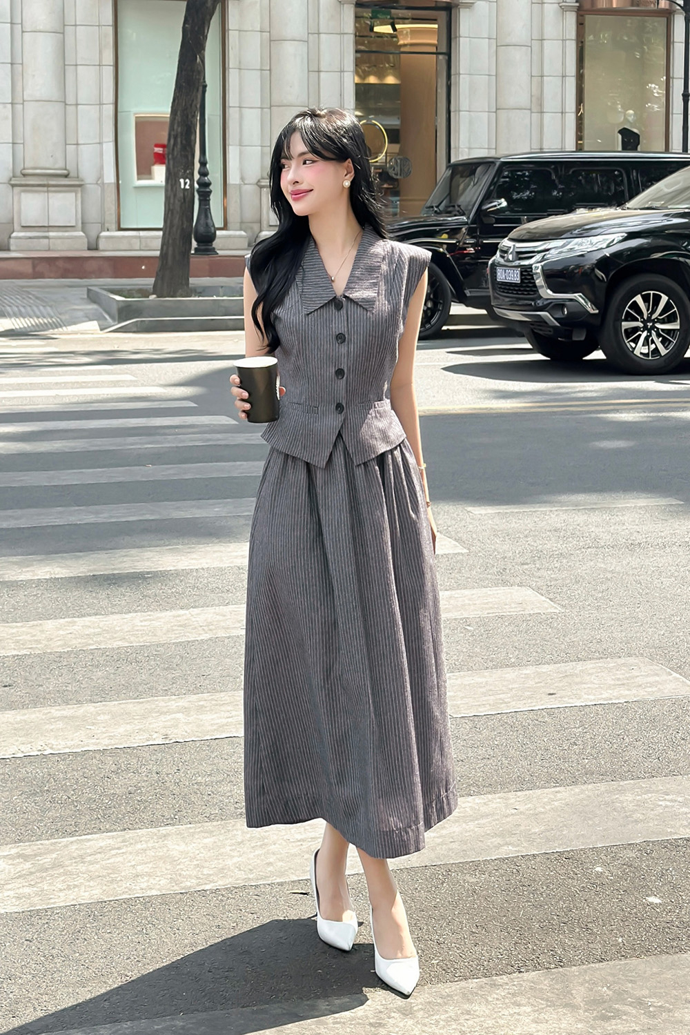 Áo gile công sở kẻ sọc màu xám