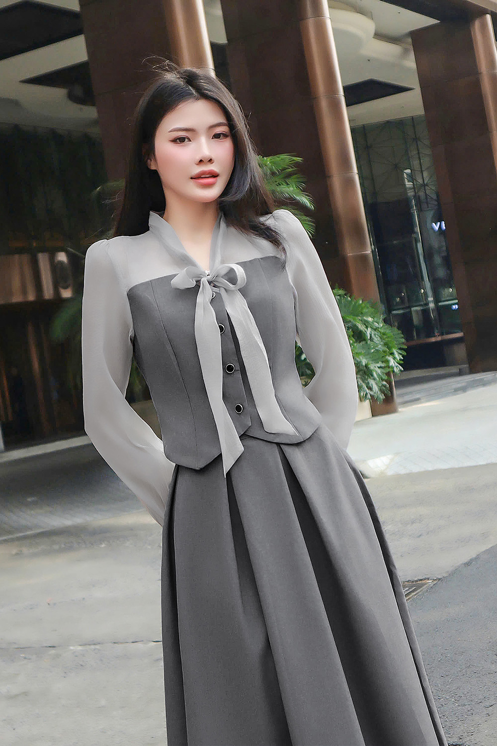 Áo kiểu công sở nữ phối màu tay dài