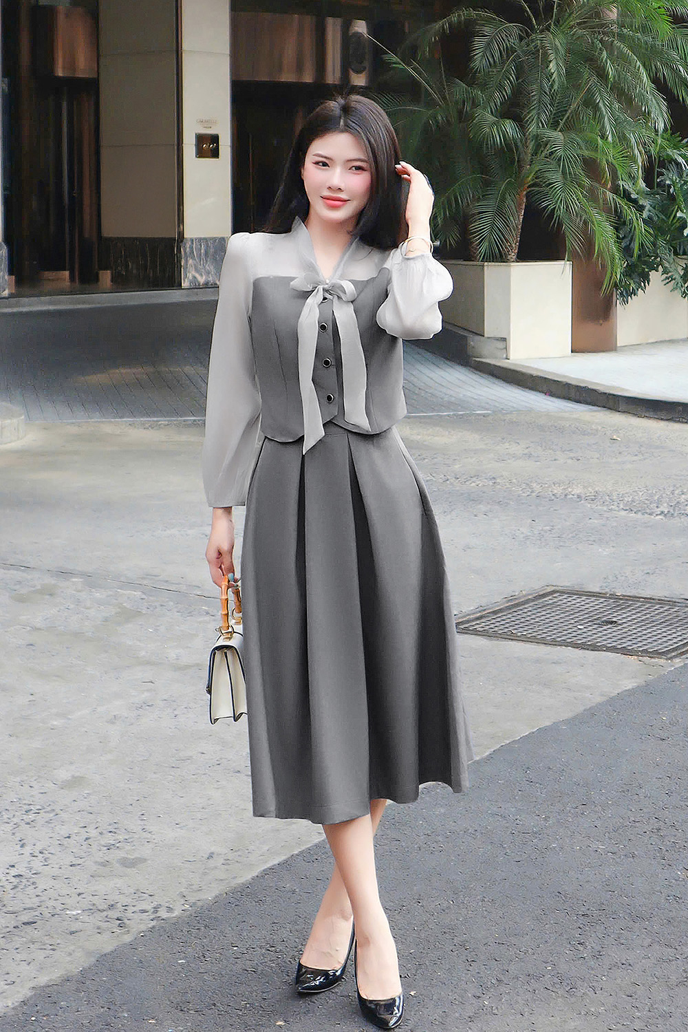 Chân váy midi kiểu xếp ly màu xám CV09-25