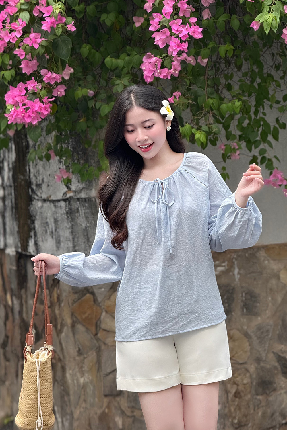 Áo kiểu tay dài cổ phối nơ ASM23-19