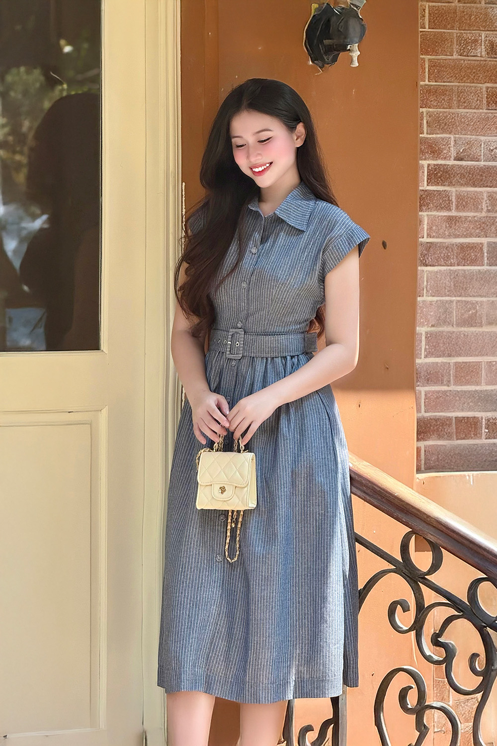 Đầm sơ mi xanh dáng xòe họa tiết kẻ sọc KK175-29