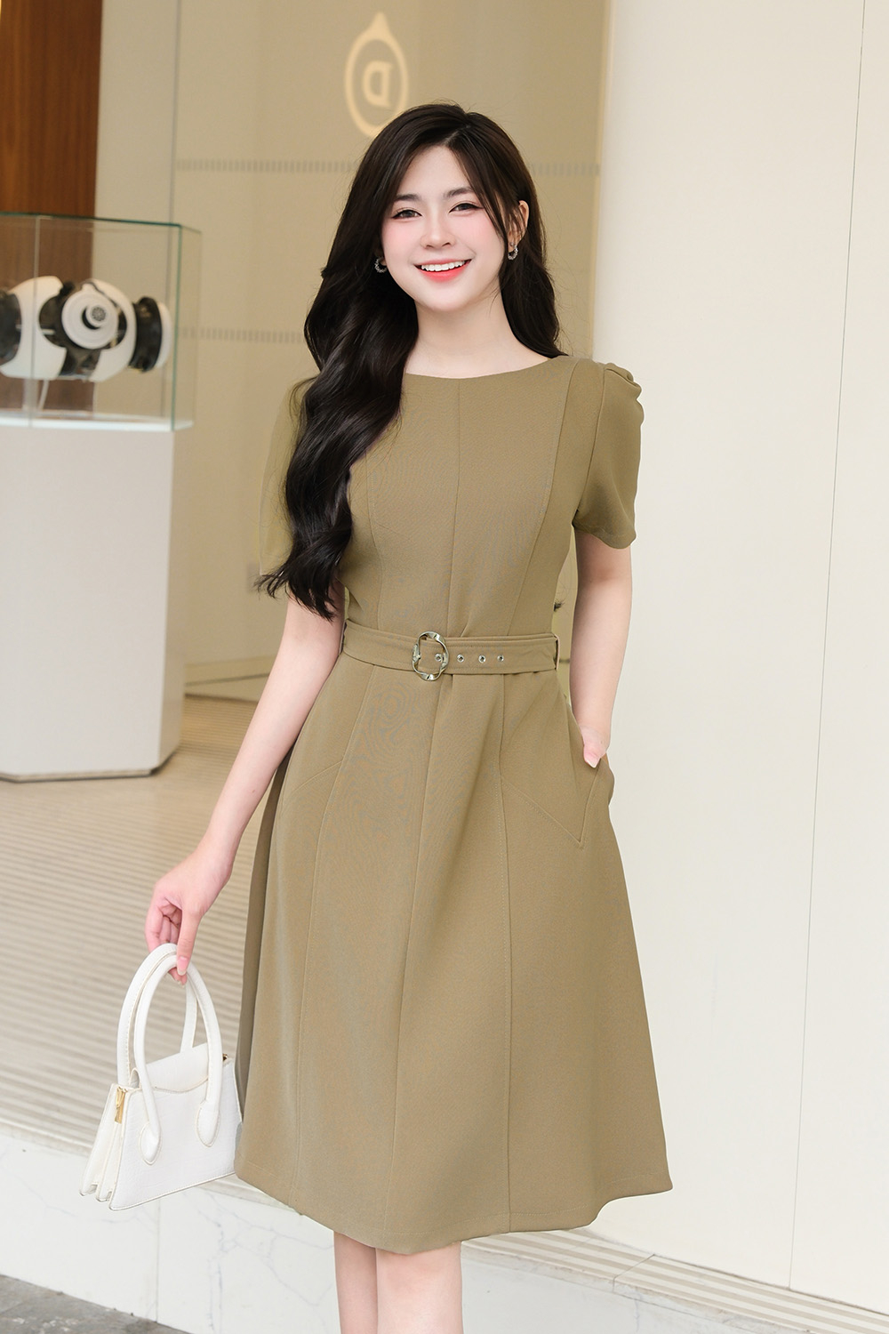 Đầm chữ A công sở kèm thắt đai eo