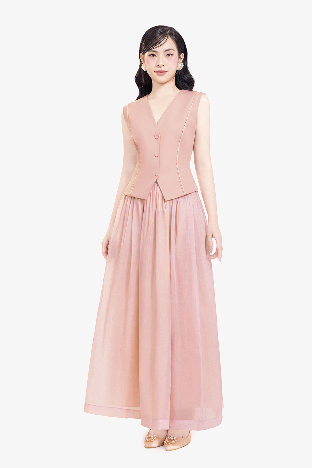 Chân váy xòe dáng dài màu hồng