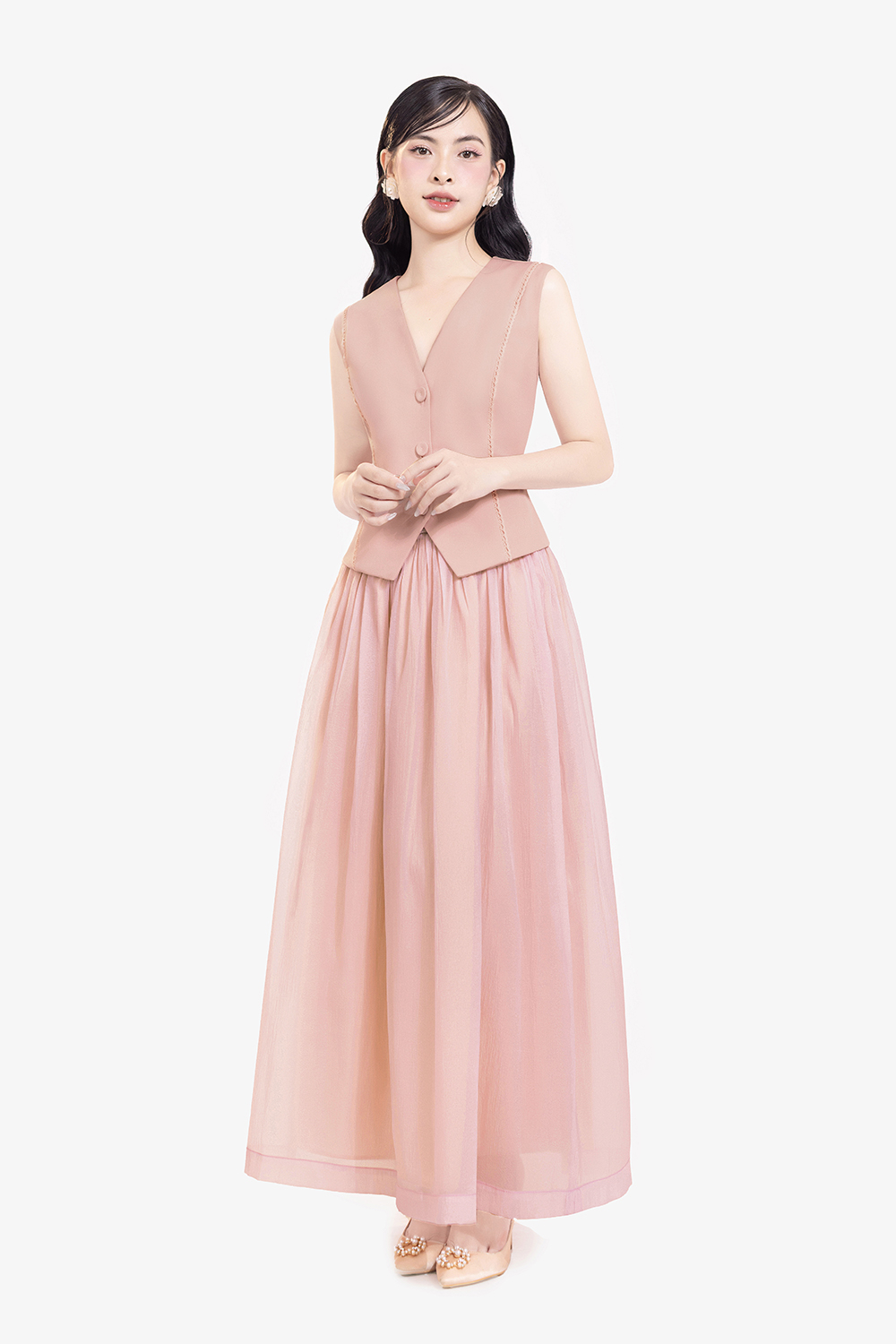 Chân váy xòe dáng dài màu hồng