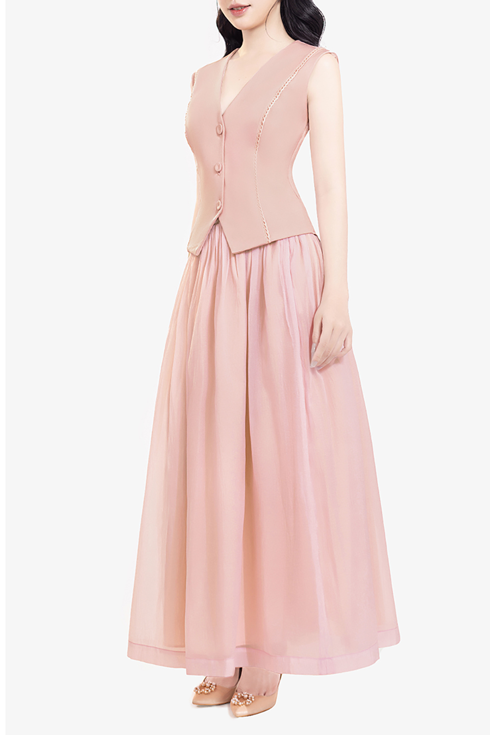 Chân váy xòe dáng dài màu hồng