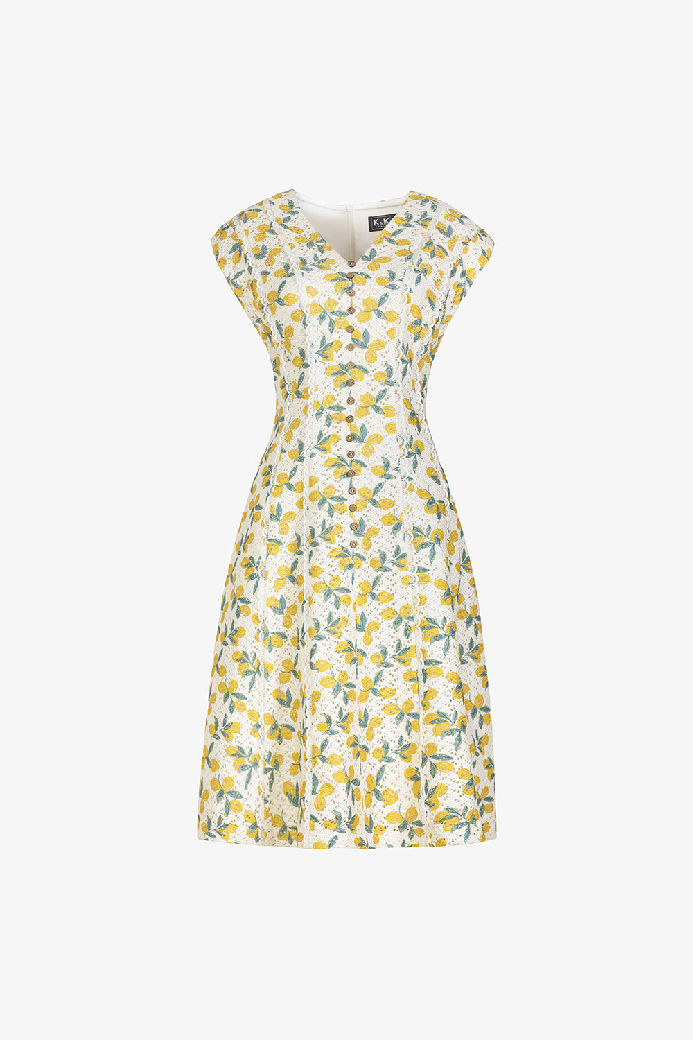 Đầm xòe chữ A màu trắng họa tiết vàng