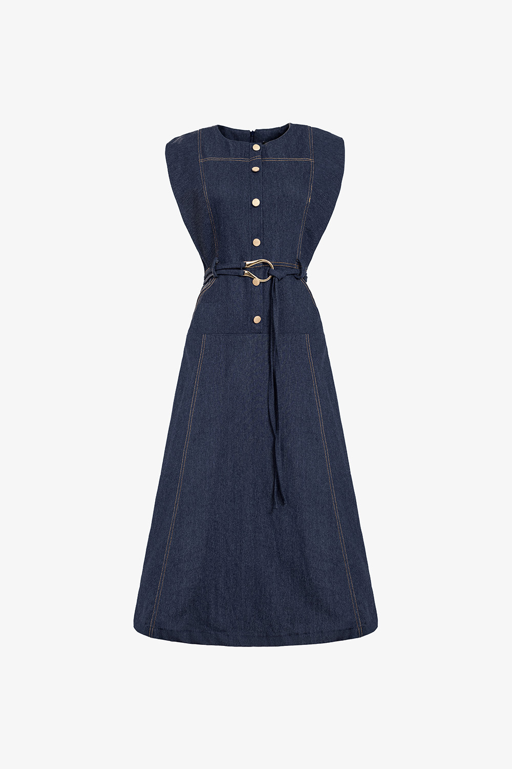 Đầm denim dáng chữ A phối thắt eo