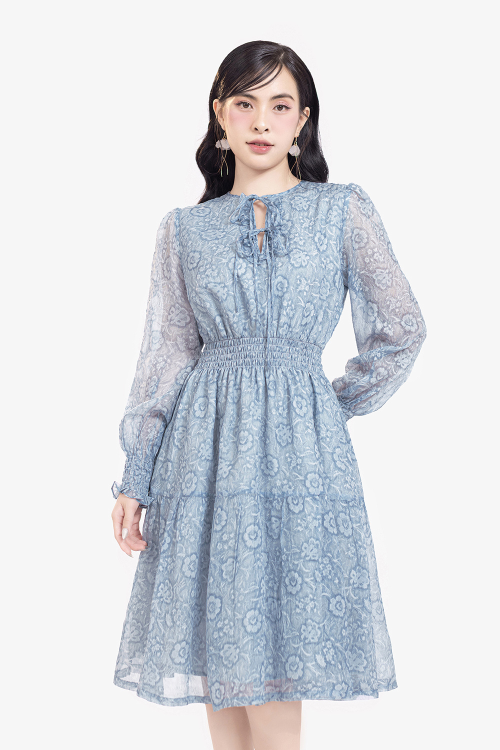 Đầm xòe tay dài họa tiết hoa