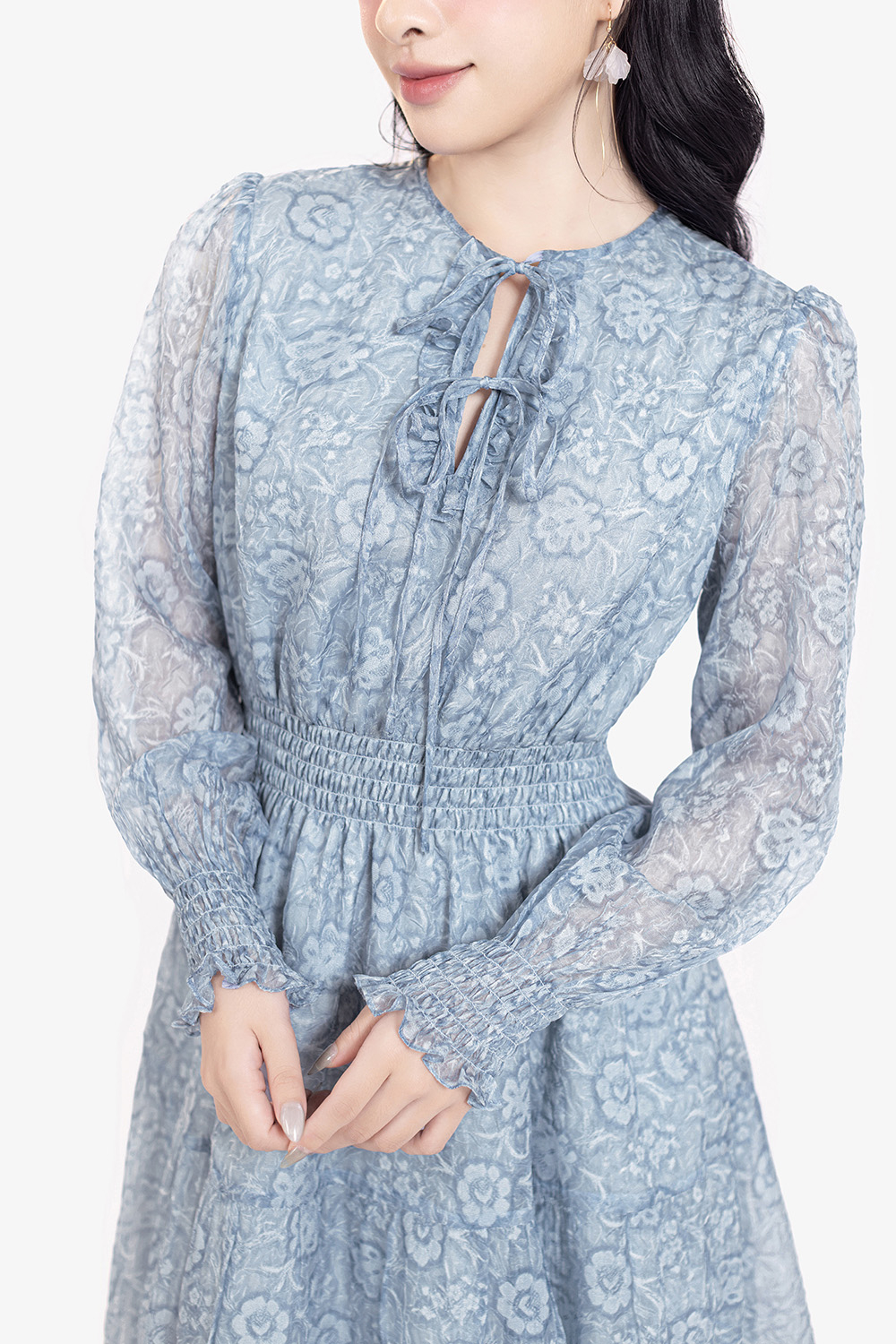 Đầm xòe tay dài họa tiết hoa