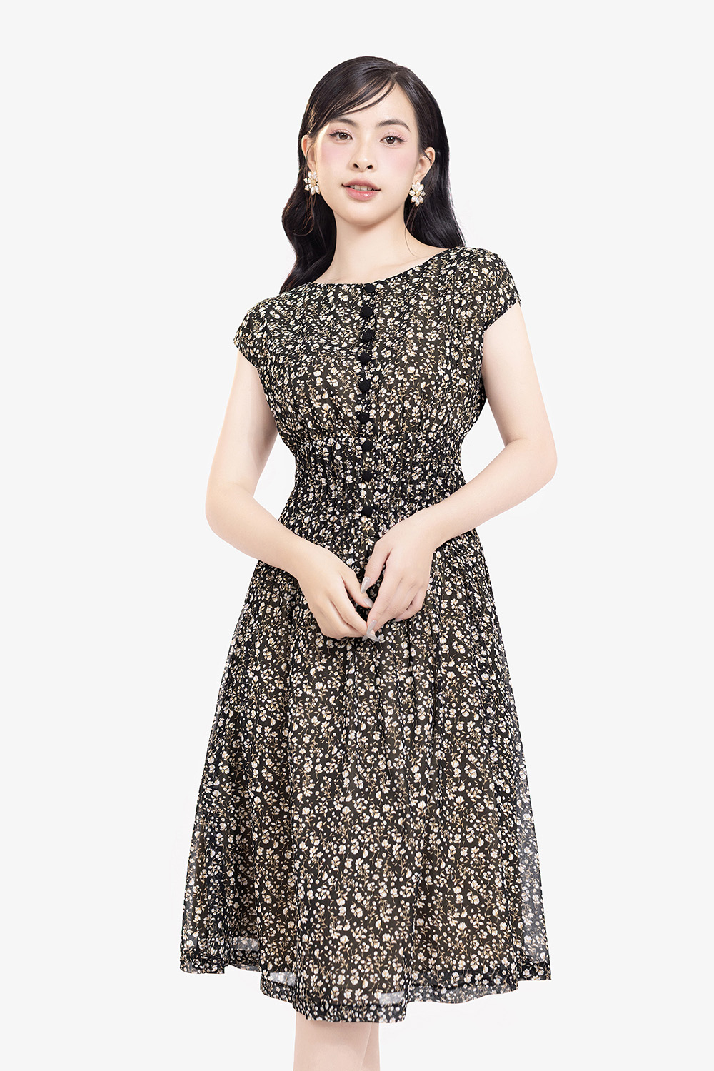 Đầm hoa nhí dáng xòe nhấn eo xếp ly