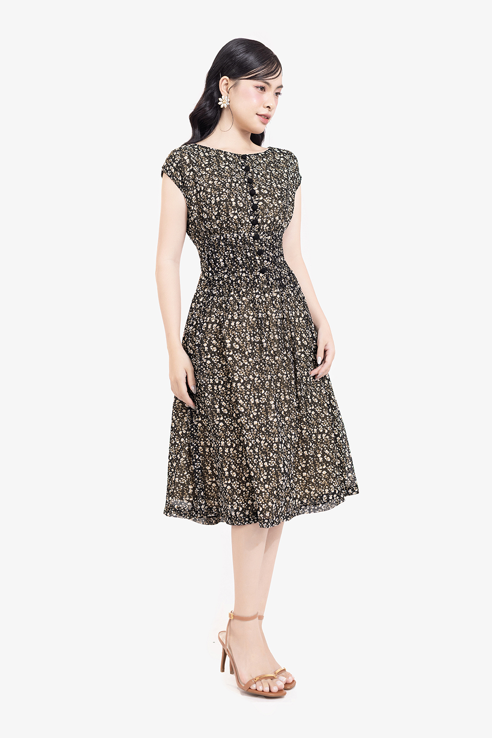 Đầm hoa nhí dáng xòe nhấn eo xếp ly