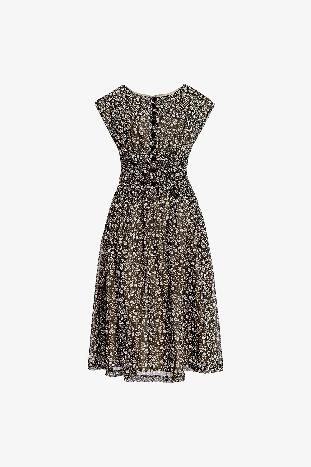 Đầm hoa nhí dáng xòe nhấn eo xếp ly