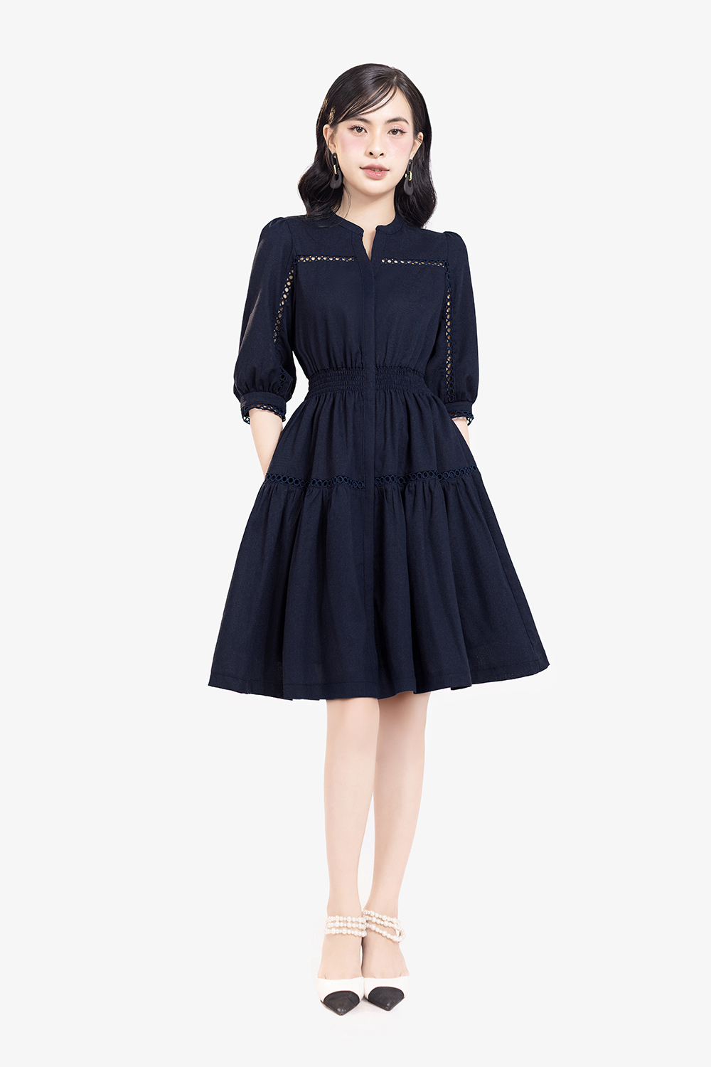 Đầm xòe viền đăng ten eo bo chun