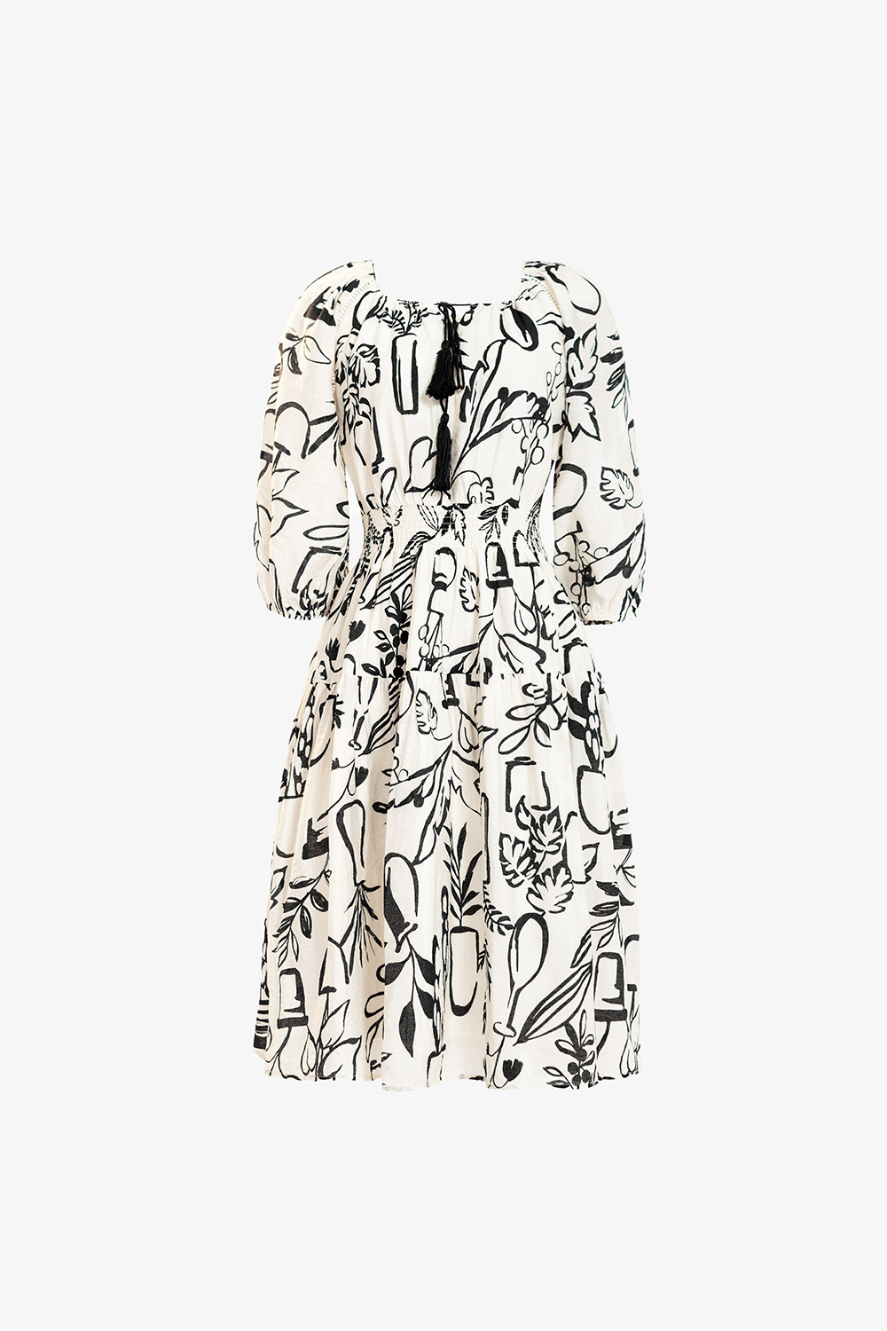 Đầm trắng trễ vai họa tiết đen tay lửng