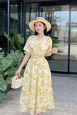 Đầm hoa dáng dài đuôi cá cổ phối nơ