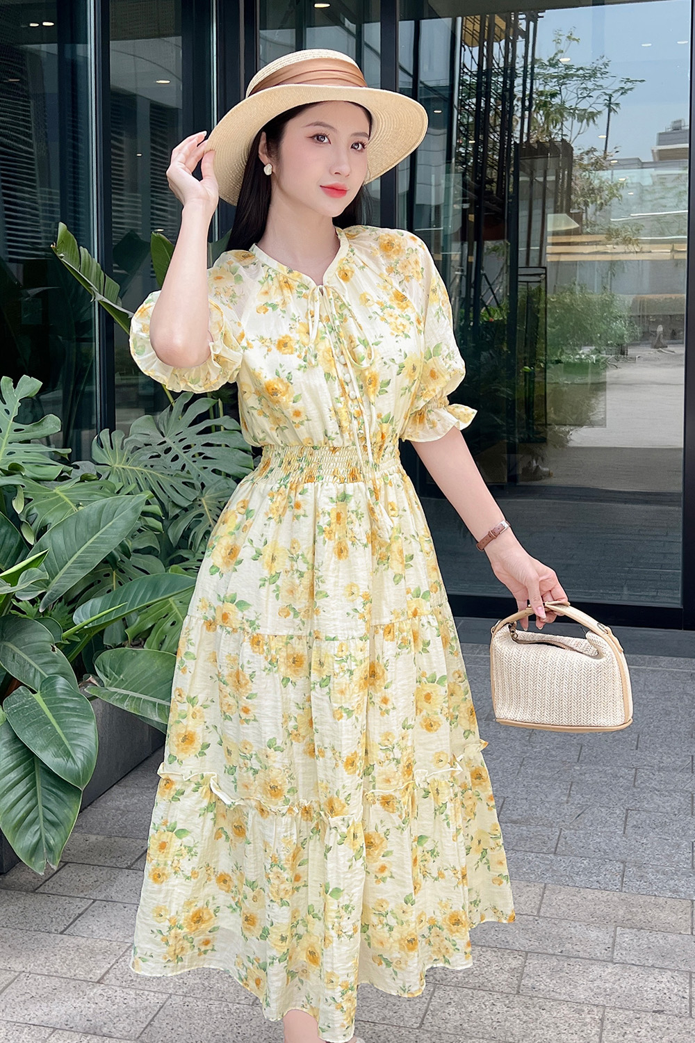 Đầm hoa dáng dài đuôi cá cổ phối nơ