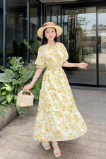 Đầm hoa dáng dài đuôi cá cổ phối nơ