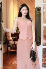 Áo gile nữ màu hồng phối viền ren