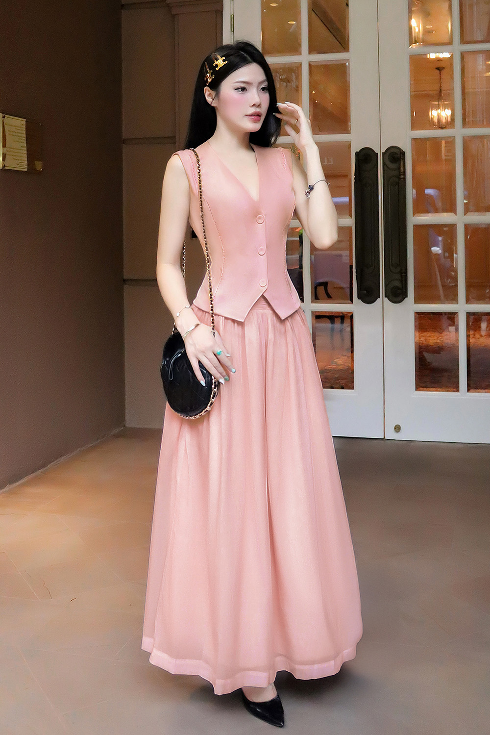 Áo gile nữ màu hồng phối viền ren ASM24-12