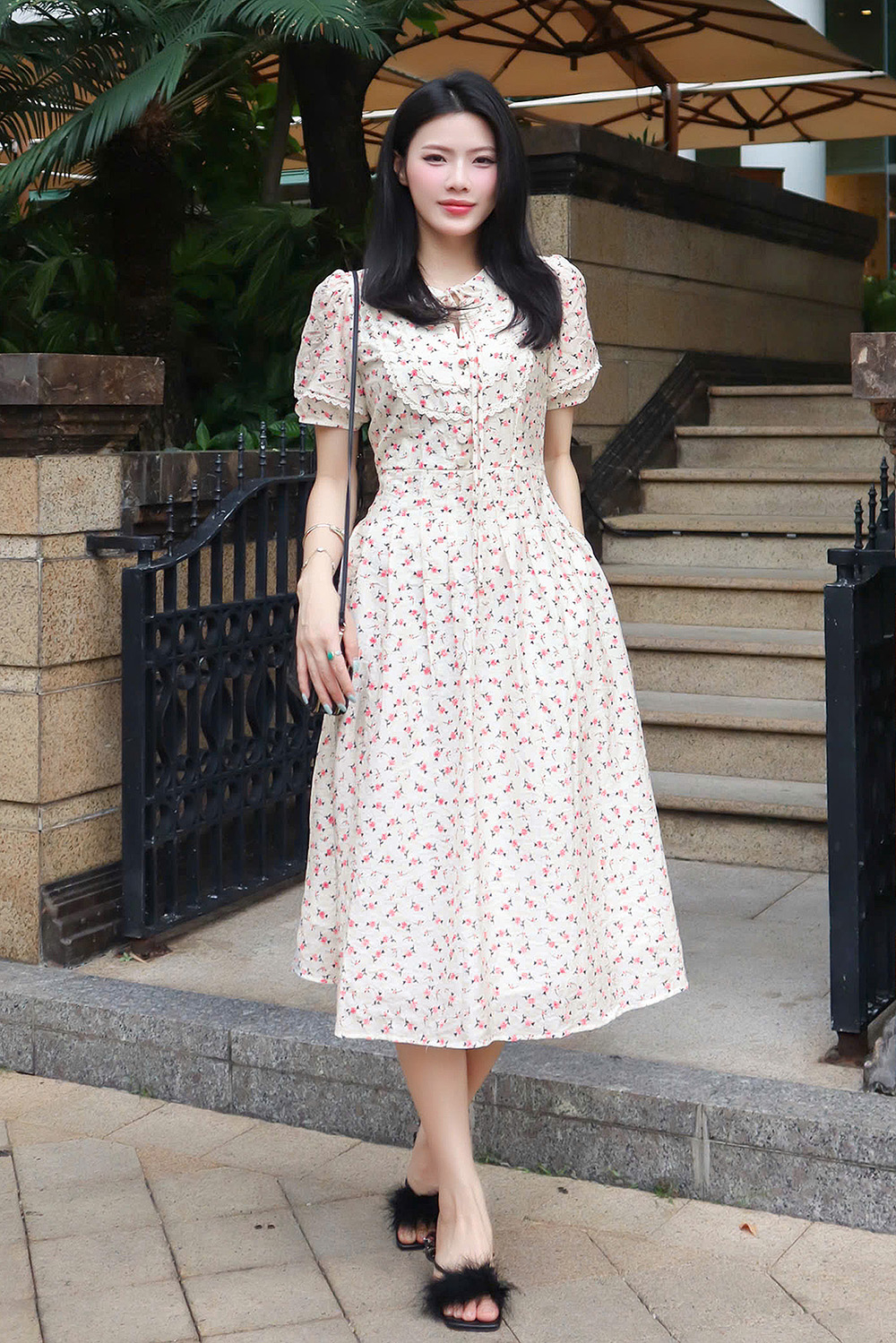Đầm hoa nhí dáng xòe phối viền đăng ten HL31-02