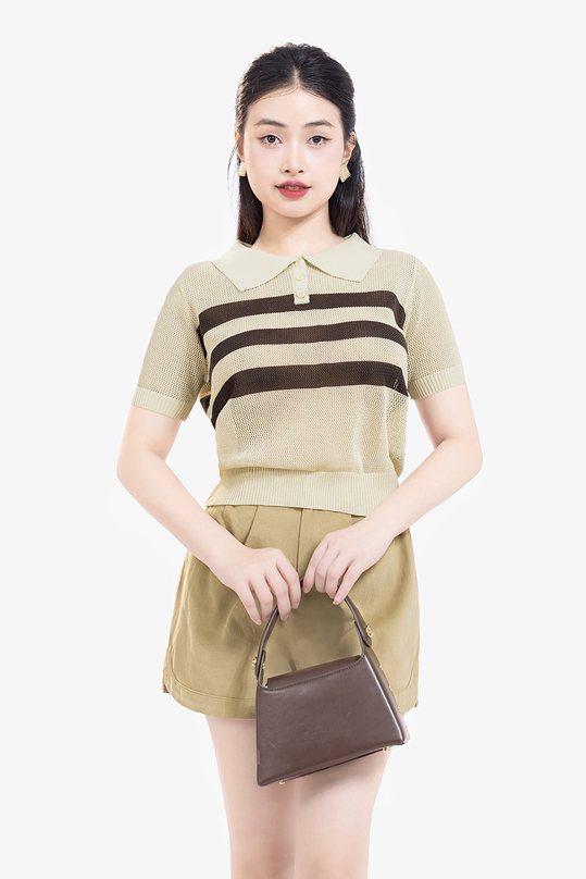Áo polo nữ dệt kim sọc nâu ASM24-23