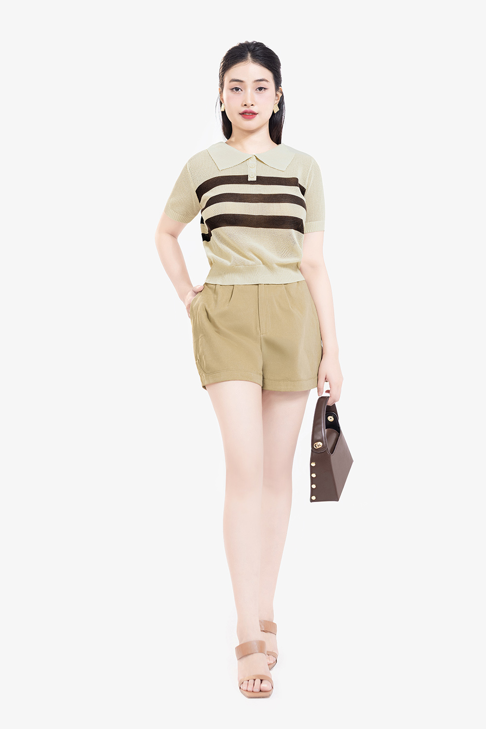 Áo polo nữ dệt kim sọc nâu