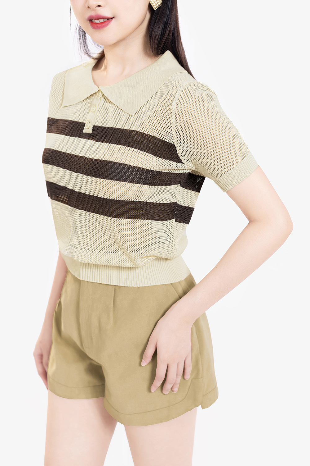 Áo polo nữ dệt kim sọc nâu