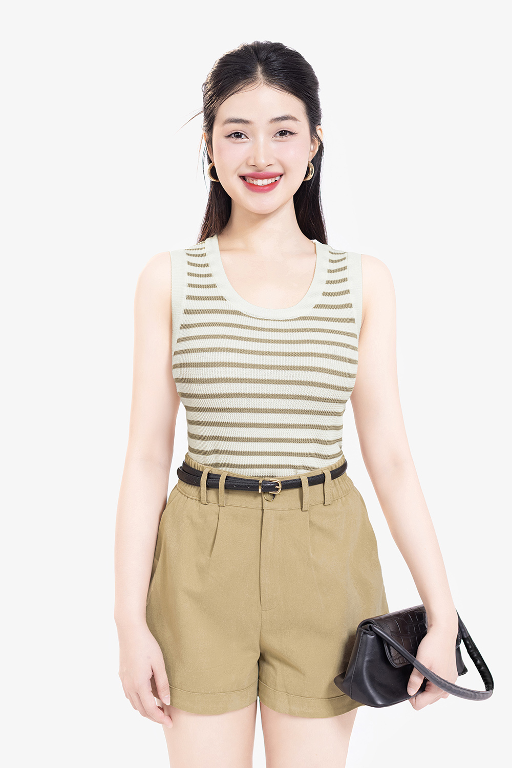 Áo len dệt kim ba lỗ sọc nâu