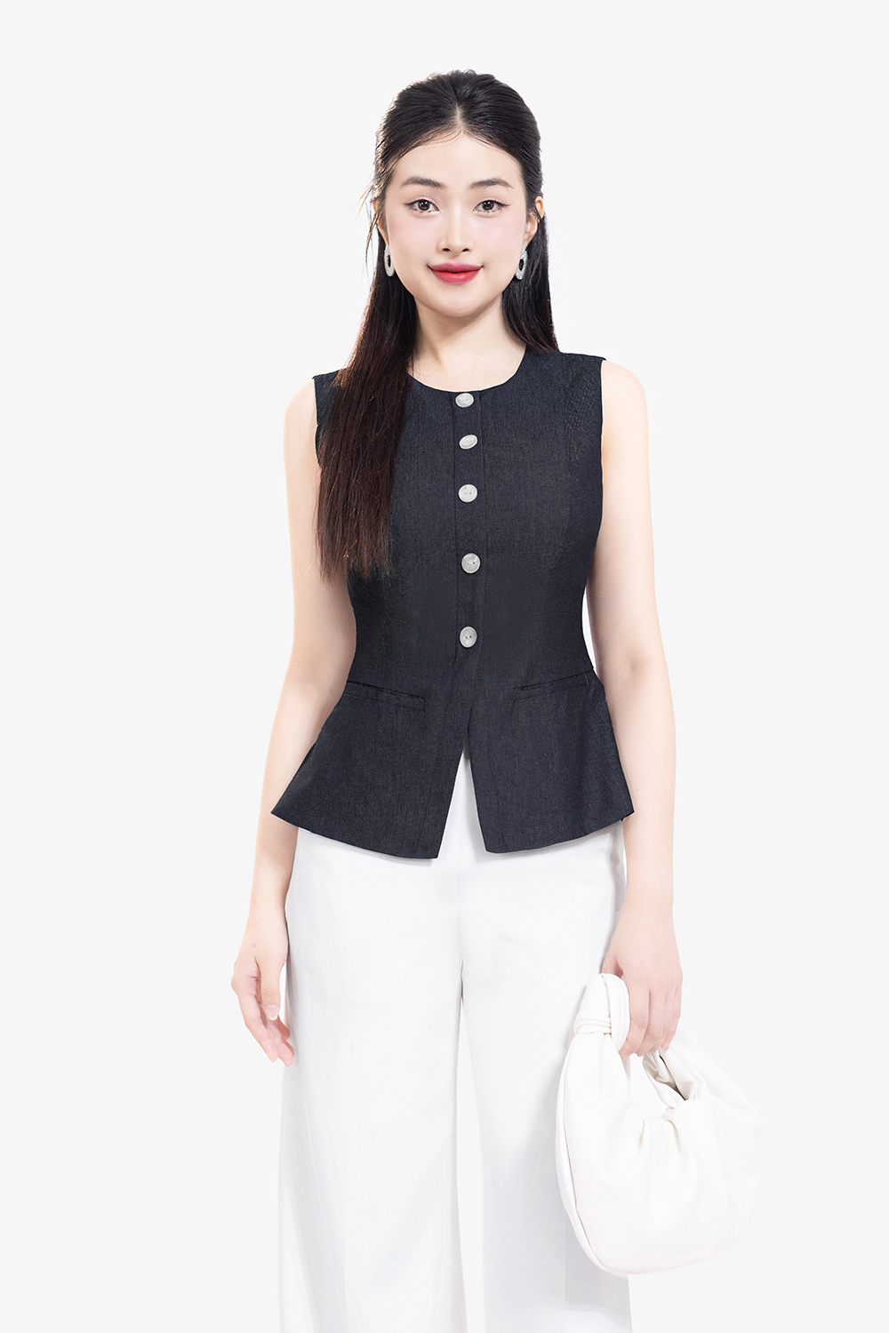 Áo kiểu denim nữ sát nách dáng dài