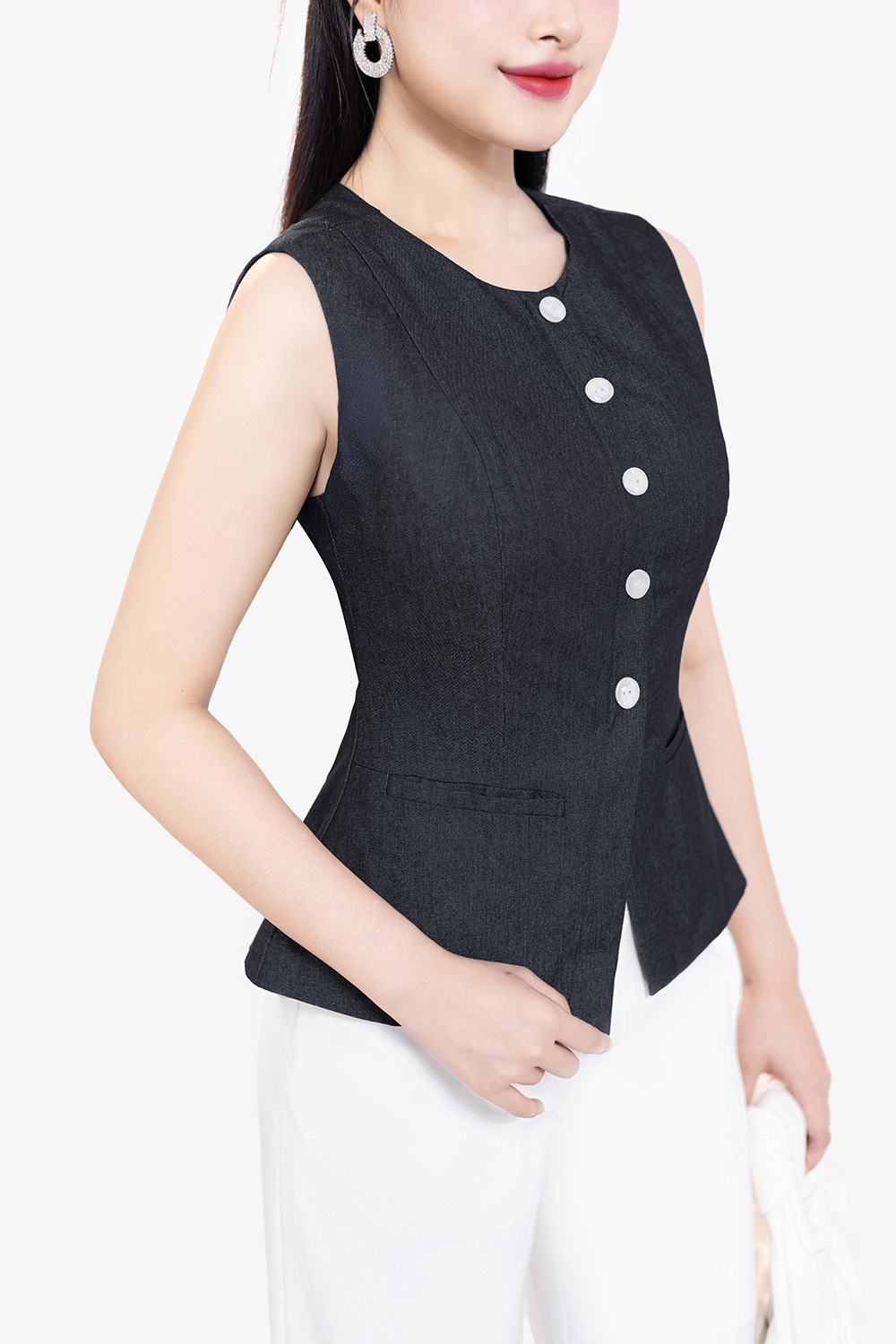 Áo kiểu denim nữ sát nách dáng dài