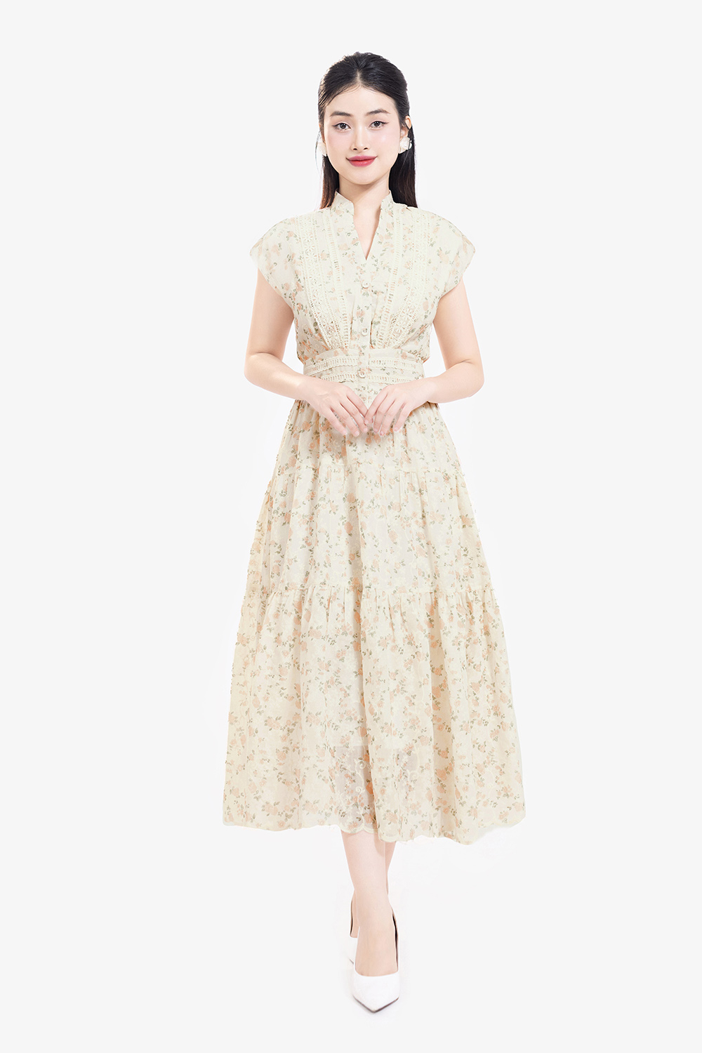 Đầm xô ren thêu dáng dài hoa cam