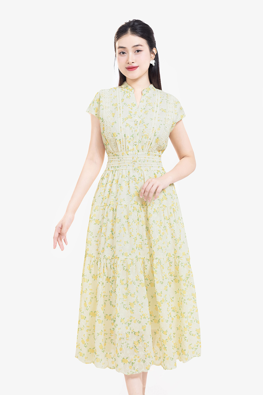 Đầm xô ren thêu dáng dài hoa vàng