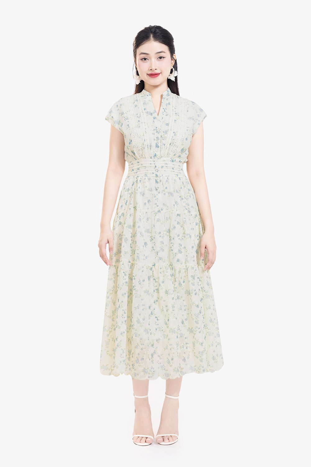 Đầm xô ren thêu dáng dài hoa xanh