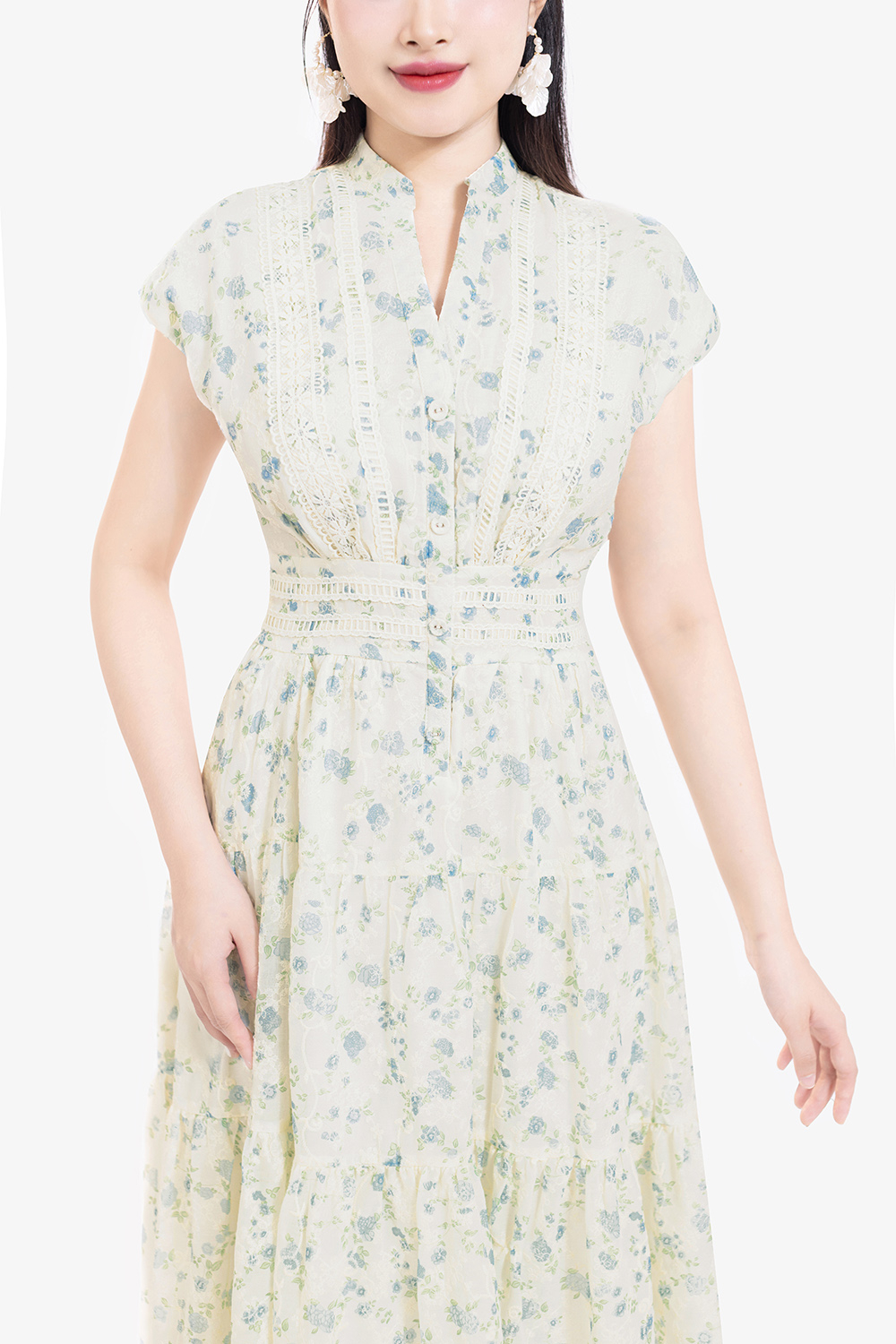 Đầm xô ren thêu dáng dài hoa xanh