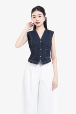 Áo gile denim nữ phối viền