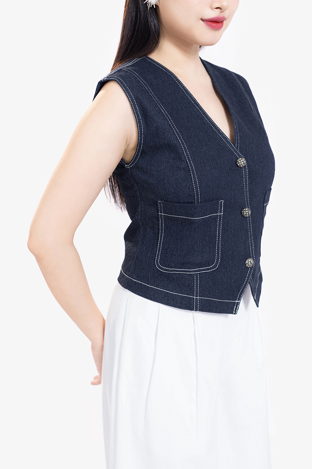 Áo gile denim nữ phối viền