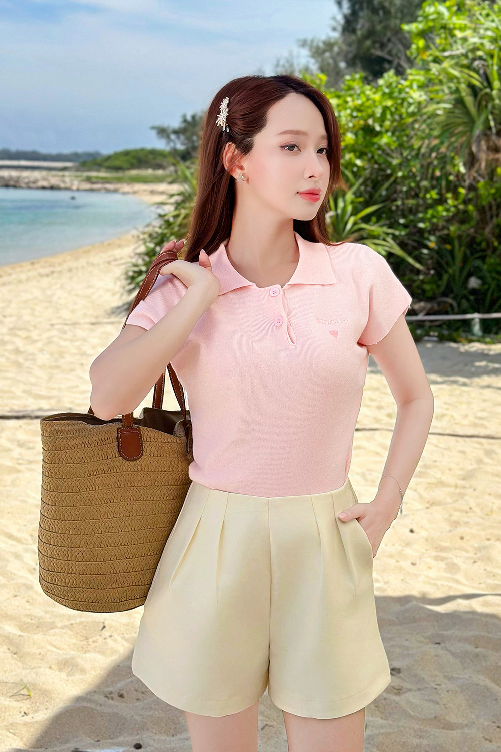 Áo len dệt kim tay hến màu hồng