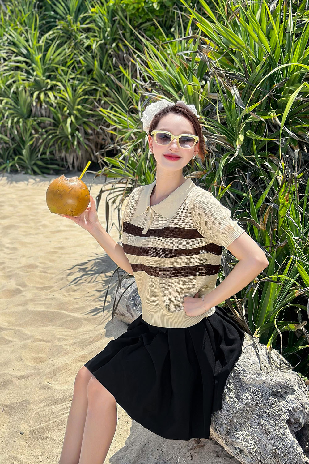 Áo polo nữ dệt kim sọc nâu