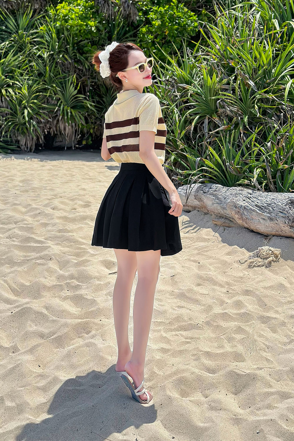 Áo polo nữ dệt kim sọc nâu