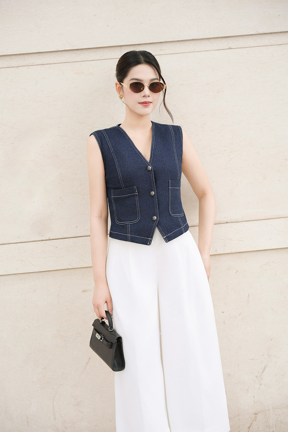 Áo gile denim nữ phối viền