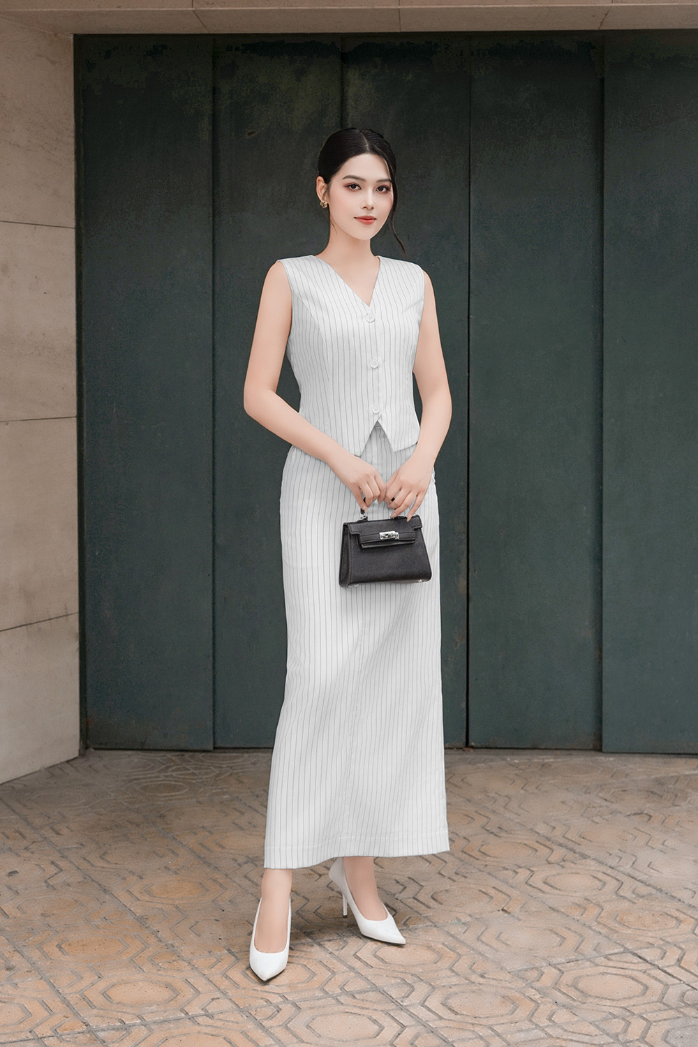 Áo kiểu công sở gile kẻ sọc