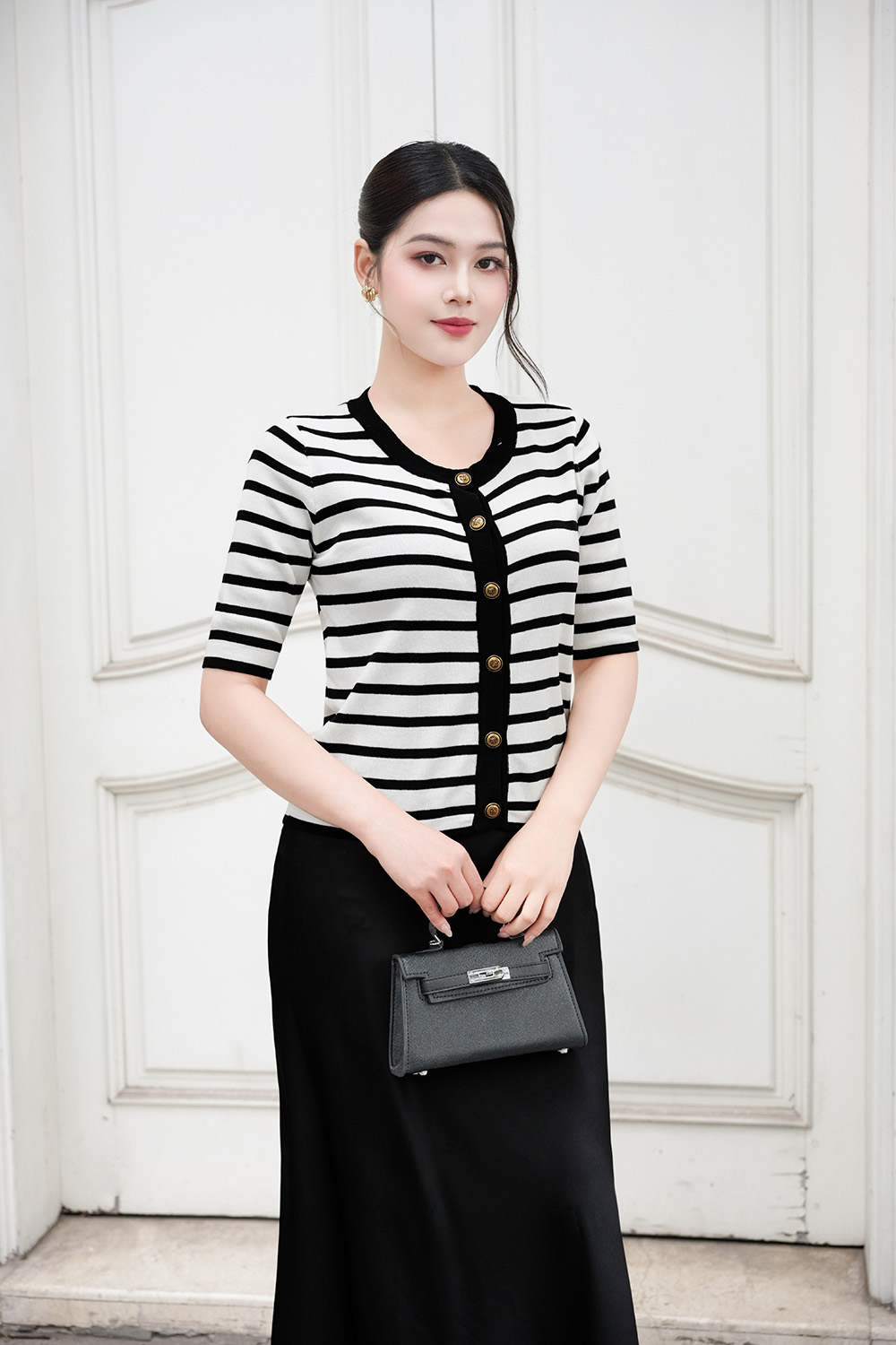 Áo len dệt kim trắng sọc đen cao cấp ASM24-39
