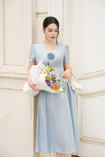 Đầm xòe dáng dài đính hoa ở cổ
