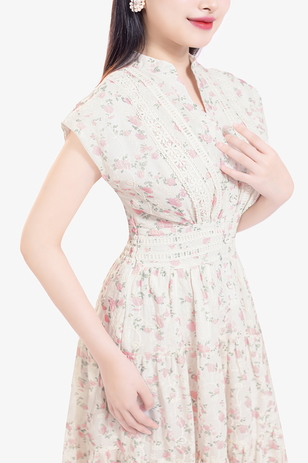 Đầm xô ren thêu dáng dài hoa hồng